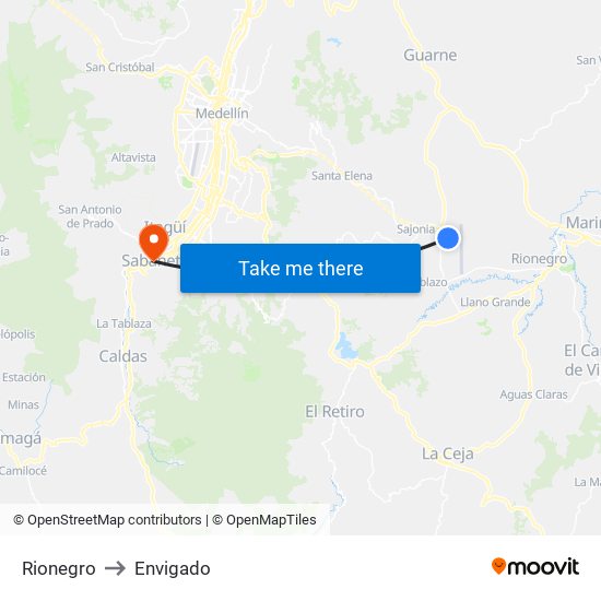 Rionegro to Envigado map