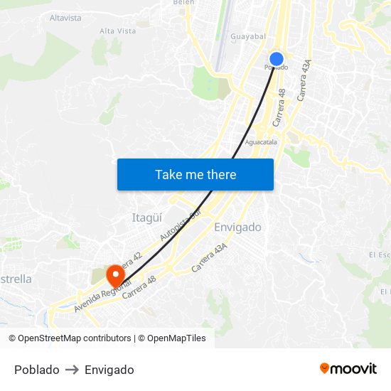 Poblado to Envigado map