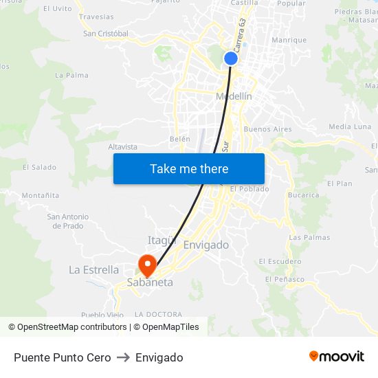 Puente Punto Cero to Envigado map