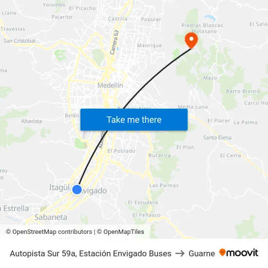 Autopista Sur 59a, Estación Envigado Buses to Guarne map