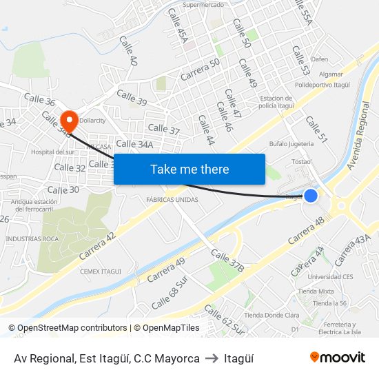 Av Regional, Est Itagüí, C.C Mayorca to Itagüí map