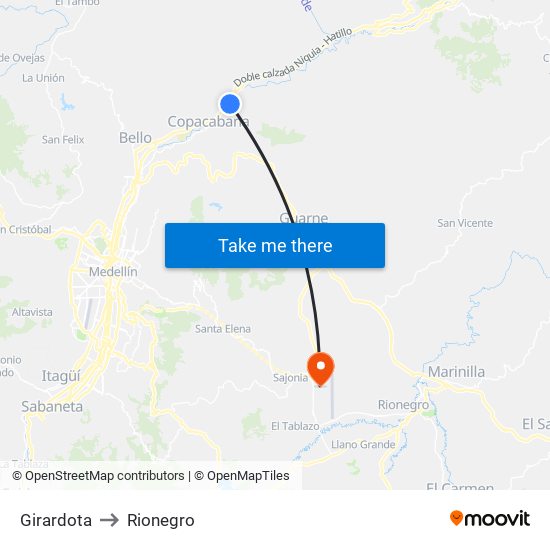 Girardota to Rionegro map