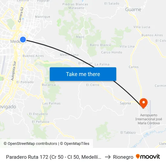 Paradero Ruta 172 (Cr 50 - Cl 50, Medellín) to Rionegro map