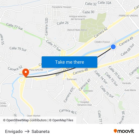 Envigado to Sabaneta map