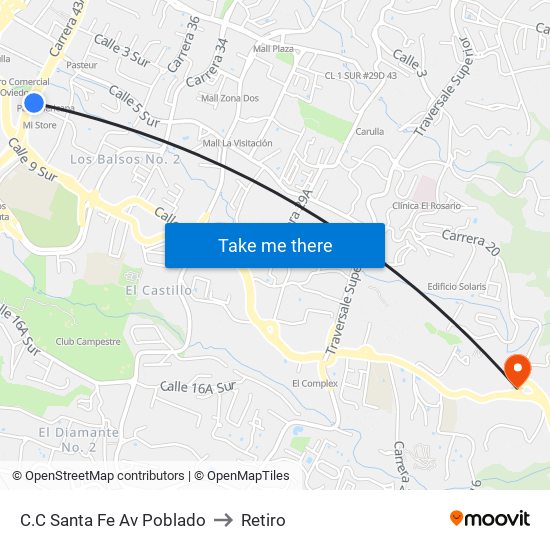 C.C Santa Fe Av Poblado to Retiro map