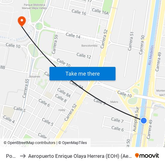 Poblado to Aeropuerto Enrique Olaya Herrera (EOH) (Aeropuerto Enrique Olaya Herrera) map