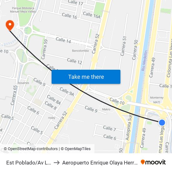Est Poblado/Av Las Vegas, Cra 48 Con Cll 10 to Aeropuerto Enrique Olaya Herrera (EOH) (Aeropuerto Enrique Olaya Herrera) map