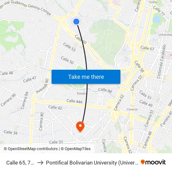 Calle 65, 761-76269 to Pontifical Bolivarian University (Universidad Pontificia Bolivariana) map