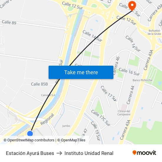 Estación Ayurá Buses to Instituto Unidad Renal map