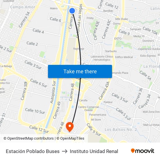 Estación Poblado Buses to Instituto Unidad Renal map