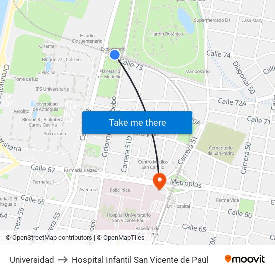 Universidad to Hospital Infantil San Vicente de Paúl map