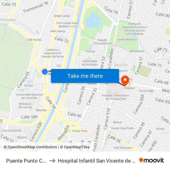 Puente Punto Cero to Hospital Infantil San Vicente de Paúl map