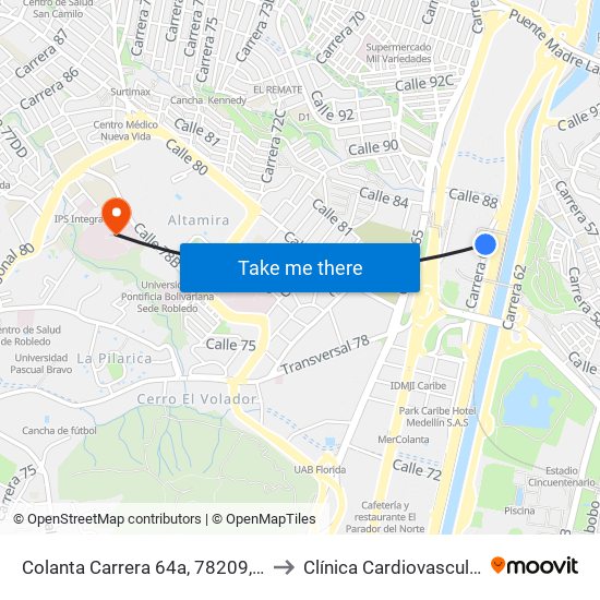 Colanta Carrera 64a, 78209, Terminal Del Norte to Clínica Cardiovascular Santa Maria map