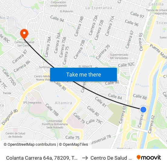 Colanta Carrera 64a, 78209, Terminal Del Norte to Centro De Salud San Camilo map