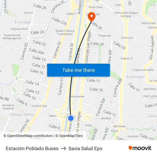 Estación Poblado Buses to Savia Salud Eps map