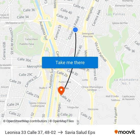 Leonisa 33 Calle 37, 48-02 to Savia Salud Eps map