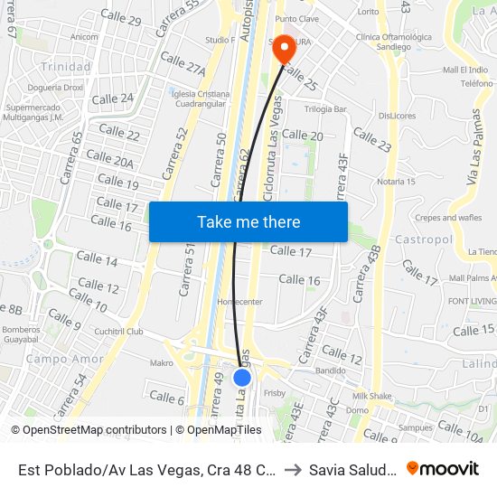 Est Poblado/Av Las Vegas, Cra 48 Con Cll 10 to Savia Salud Eps map