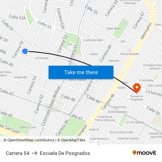 Carrera 54 to Escuela De Posgrados map