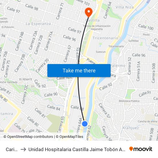 Caribe to Unidad Hospitalaria Castilla Jaime Tobón Arbeláez map