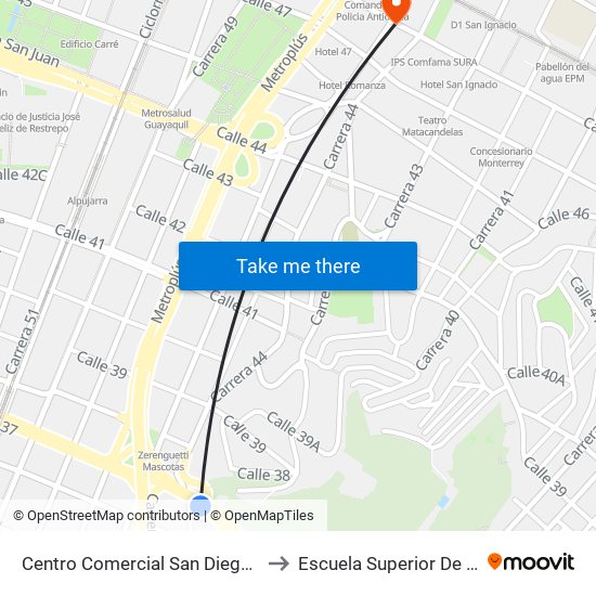 Centro Comercial San Diego (Cl 37 - Cr 43, Medellín) to Escuela Superior De Criminología -Esuc map