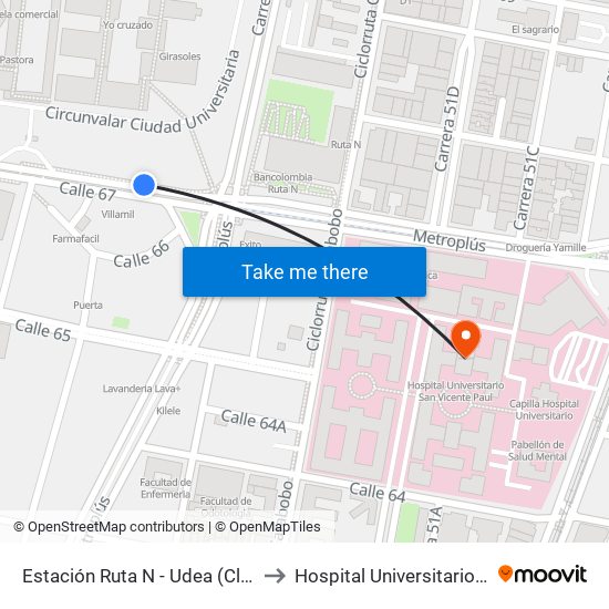 Estación Ruta N - Udea (Cl 67 - Cr 55, Medellín) to Hospital Universitario San Vicente Paul map