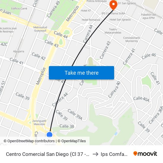 Centro Comercial San Diego (Cl 37 - Cr 43, Medellín) to Ips Comfama Sura map