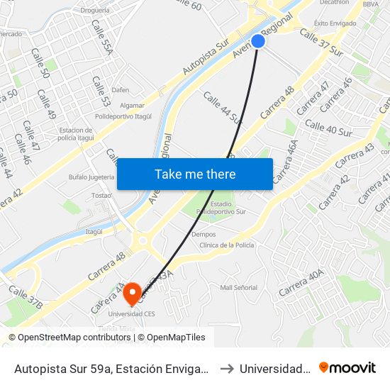 Autopista Sur 59a, Estación Envigado Buses to Universidad Ces map