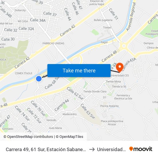 Carrera 49, 61 Sur, Estación Sabaneta Buses to Universidad Ces map