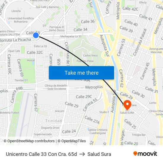 Unicentro Calle 33 Con Cra. 65d to Salud Sura map