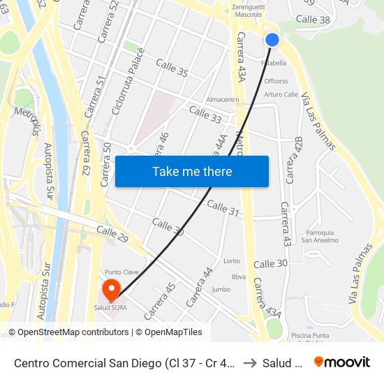 Centro Comercial San Diego (Cl 37 - Cr 43, Medellín) to Salud Sura map