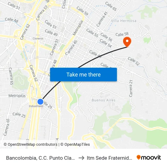 Bancolombia, C.C. Punto Clave to Itm Sede Fraternidad map