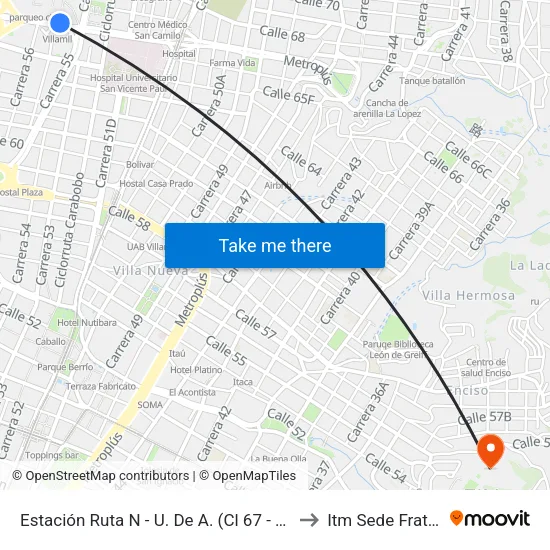 Estación Ruta N - U. De A. (Cl 67 - Cr 55, Medellín) to Itm Sede Fraternidad map