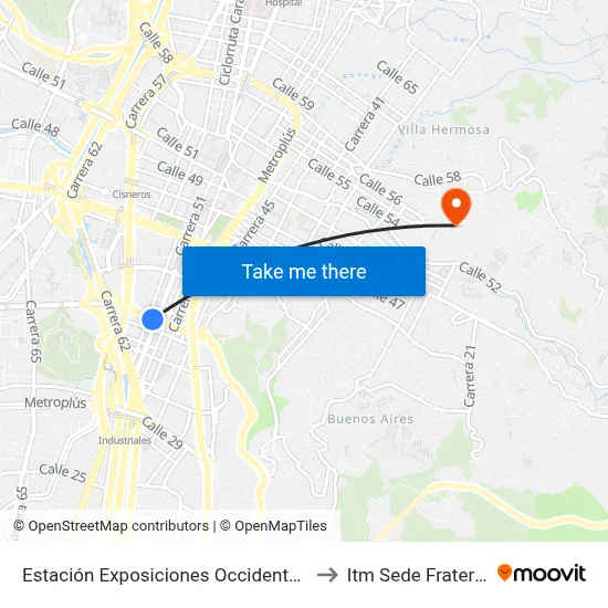 Estación Exposiciones Occidente - Oriente to Itm Sede Fraternidad map