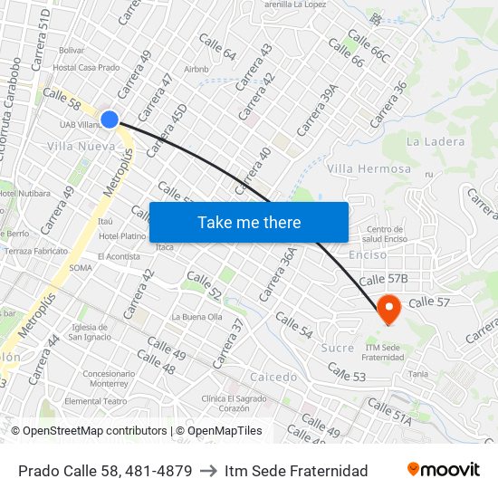 Prado Calle 58, 481-4879 to Itm Sede Fraternidad map