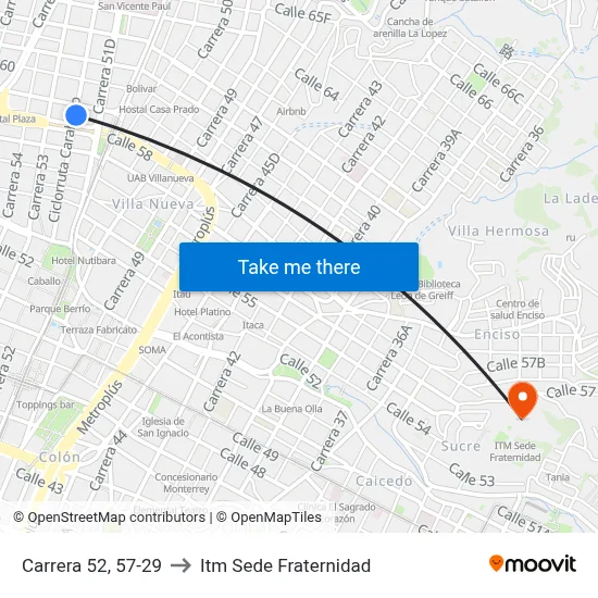 Carrera 52, 57-29 to Itm Sede Fraternidad map