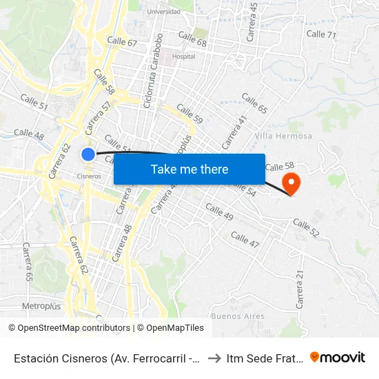Estación Cisneros (Av. Ferrocarril - Cl 49, Medellín) to Itm Sede Fraternidad map