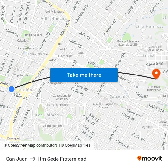 San Juan to Itm Sede Fraternidad map