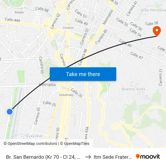 Br. San Bernardo (Kr 70 - Cl 24, Medellín) to Itm Sede Fraternidad map
