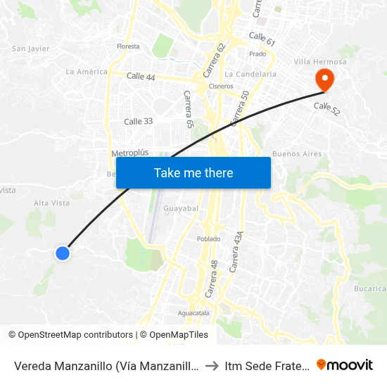 Vereda Manzanillo (Vía Manzanillo, Medellín) to Itm Sede Fraternidad map