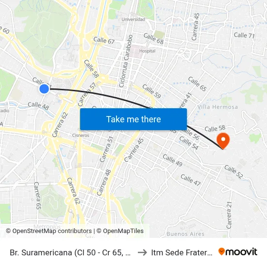 Br. Suramericana (Cl 50 - Cr 65, Medellín) to Itm Sede Fraternidad map