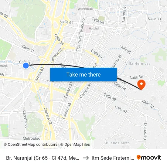Br. Naranjal (Cr 65 - Cl 47d, Medellín) to Itm Sede Fraternidad map