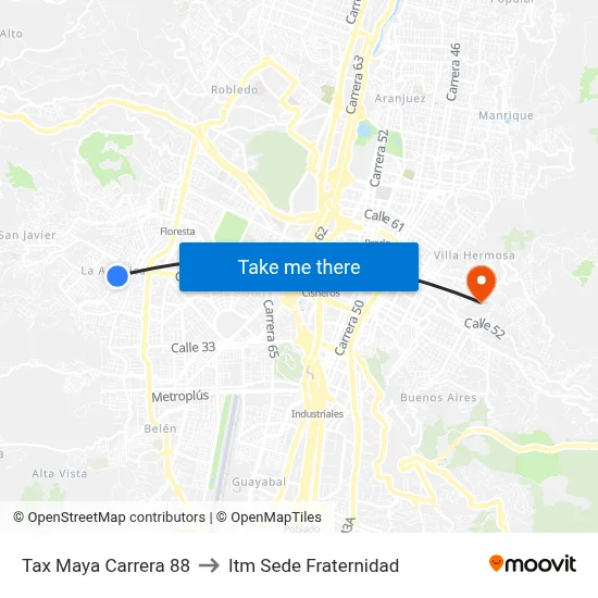 Tax Maya Carrera 88 to Itm Sede Fraternidad map
