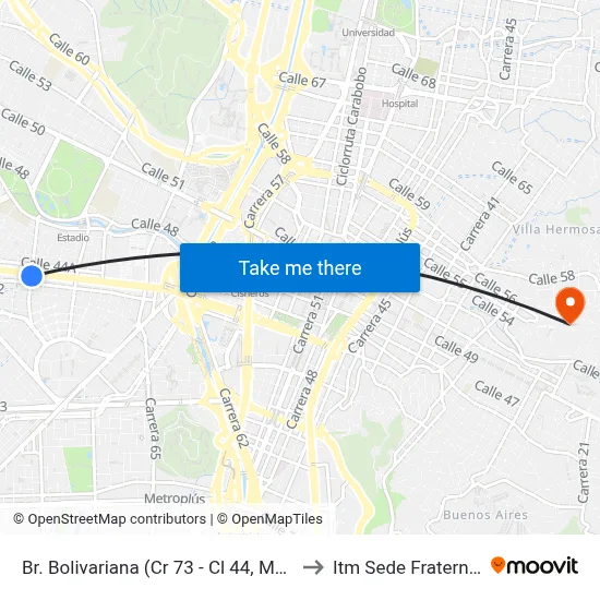 Br. Bolivariana (Cr 73 - Cl 44, Medellín) to Itm Sede Fraternidad map
