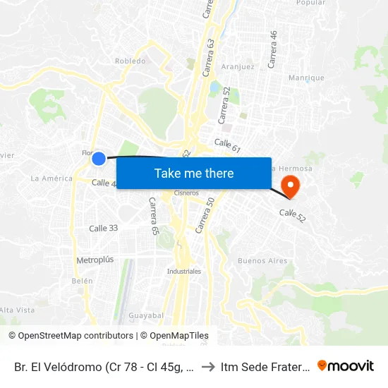 Br. El Velódromo (Cr 78 - Cl 45g, Medellín) to Itm Sede Fraternidad map