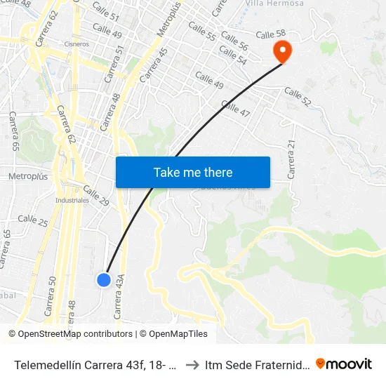 Telemedellín Carrera 43f, 18- 110 to Itm Sede Fraternidad map