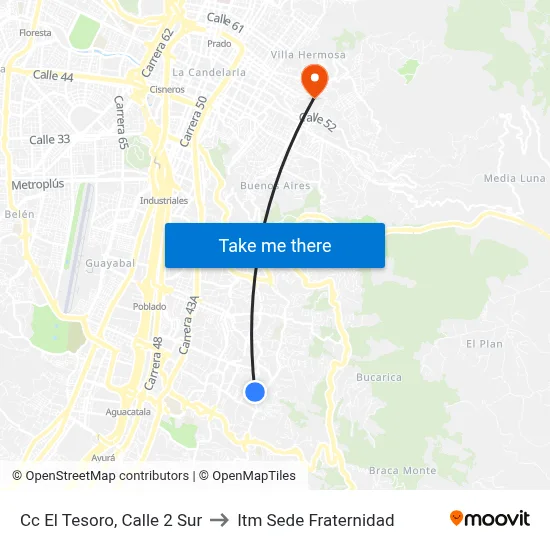 Cc El Tesoro, Calle 2 Sur to Itm Sede Fraternidad map