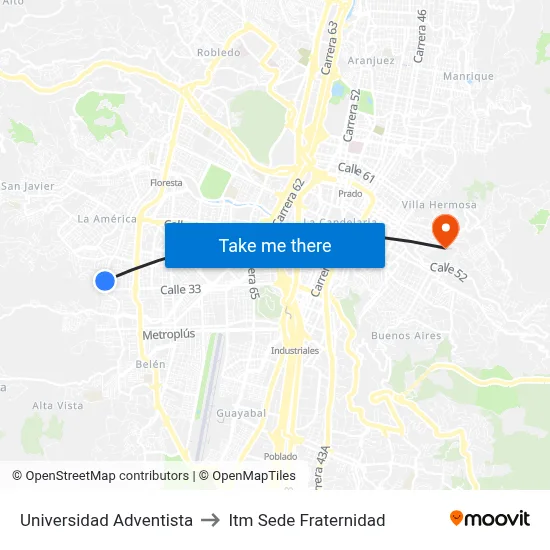 Universidad Adventista to Itm Sede Fraternidad map