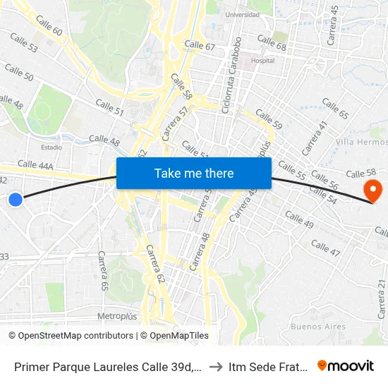 Primer Parque Laureles Calle 39d, 73103-73221 to Itm Sede Fraternidad map