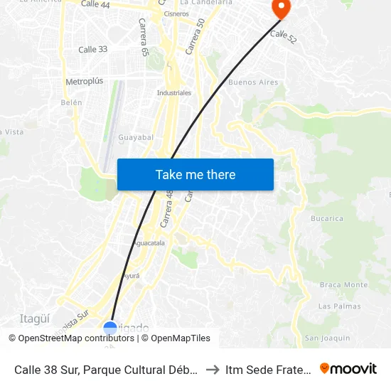 Calle 38 Sur, Parque Cultural Débora Arango to Itm Sede Fraternidad map