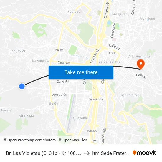 Br. Las Violetas (Cl 31b - Kr 100, Medellín) to Itm Sede Fraternidad map